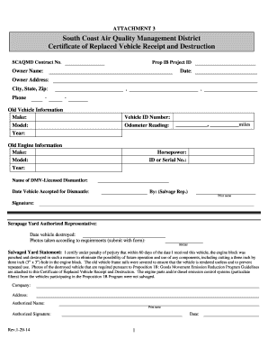 Certificate of Replaced Vehicle Receipt and Destruction