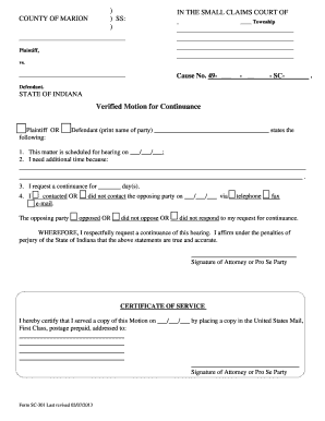 Indiana Small Claims Court Motion for Continuance