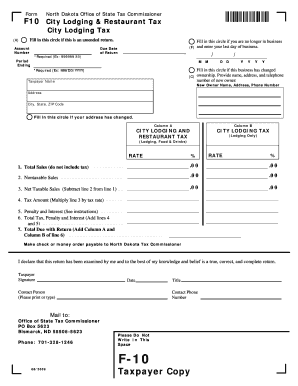 North Dakota City Lodging and Restaurant Tax Form