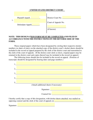 US District Court Designation of Record Form