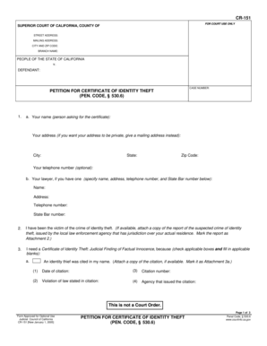 California Identity Theft Petition Form CR-151