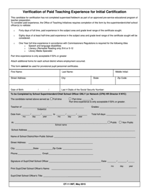 Verification of Paid Teaching Experience for Initial Certification
