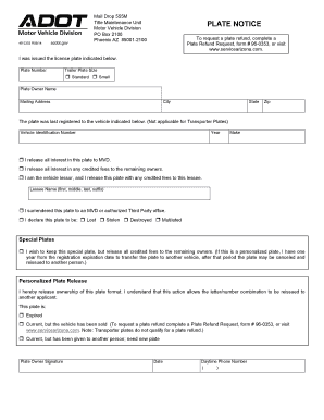 Arizona Plate Refund Request Form