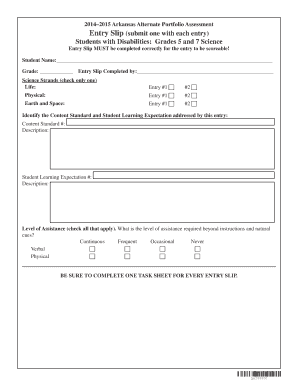 Arkansas Alternate Portfolio Assessment Entry Slip