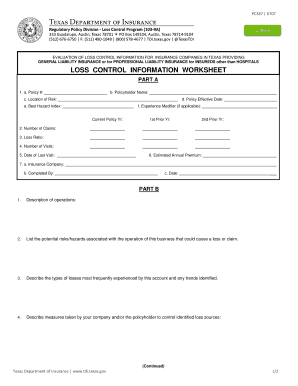 Texas Loss Control Information Worksheet