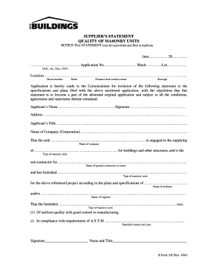 Supplier's Statement for Masonry Units