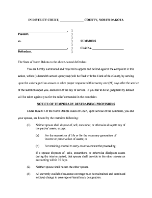 North Dakota Civil Summons with Temporary Restraining Provisions