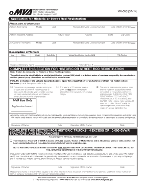 Maryland Historic or Street Rod Registration Application