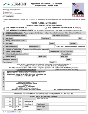 Vermont US Veterans Motorcycle License Plate Application