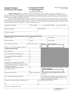 HUD Pre-Foreclosure Sale Program Closing Worksheet