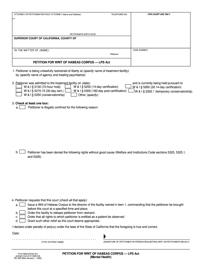 MC-265 PETITION FOR WRIT OF HABEAS CORPUS LPS Act ... - courts ca Preview on Page 1