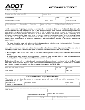 Arizona Auction Sale Certificate