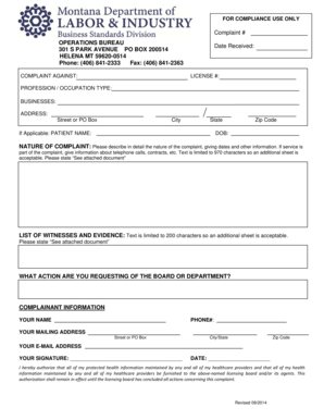 Complaint Form for Professional Licensing Board