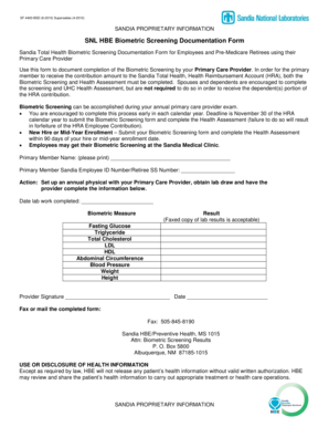 Sandia Biometric Screening Documentation Form