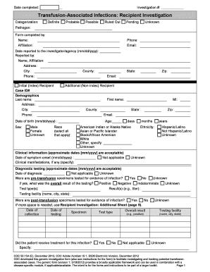 Transfusion-Associated Infections Recipient Investigation Form