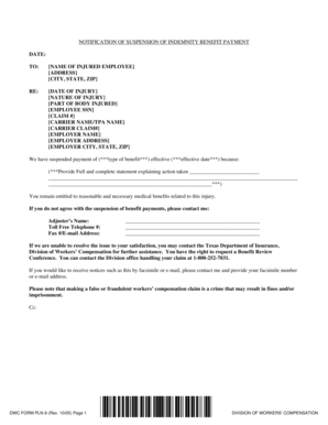 Notification of Suspension of Indemnity Benefit Payments