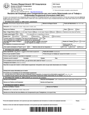 Reclamo del Empleado para Compensación por una Lesión Relacionada con el Trabajo o Enfermedad Ocupacional (Formulario DWC-041)