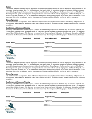 City of Bloomington Adult Athletic Leagues Waiver