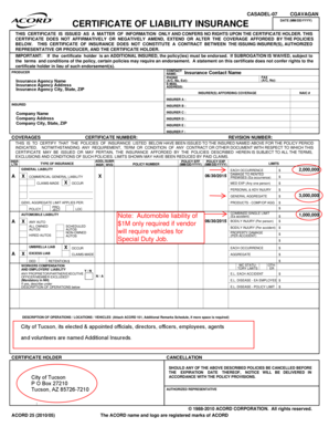 Certificate of Liability Insurance