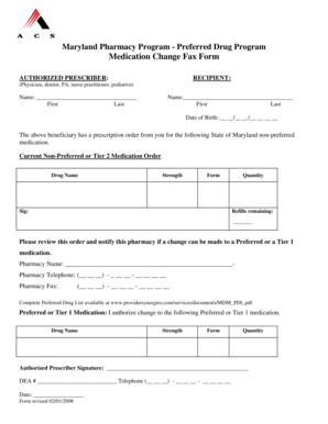 Maryland Pharmacy Preferred Drug Program Medication Change Form