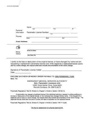 California Paramedic License Replacement Request