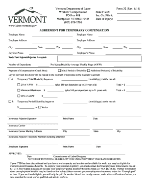 Vermont Workers' Compensation Temporary Compensation Agreement