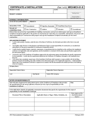 California Certificate of Installation