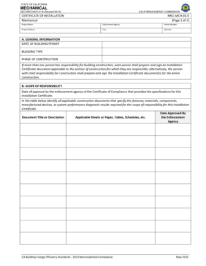 California Mechanical Certificate of Installation