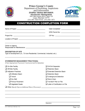 Prince George's County Construction Completion Form