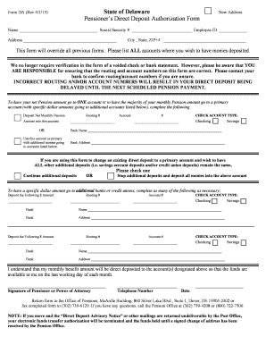 Delaware Pensioner's Direct Deposit Authorization Form