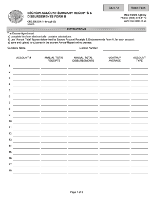 Escrow Account Summary Receipts & Disbursements Form B