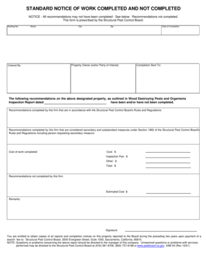 Standard Notice of Work Completed and Not Completed