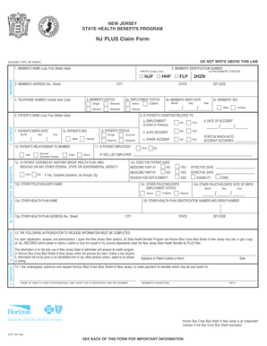 New Jersey State Health Benefits Program NJ PLUS Claim Form
