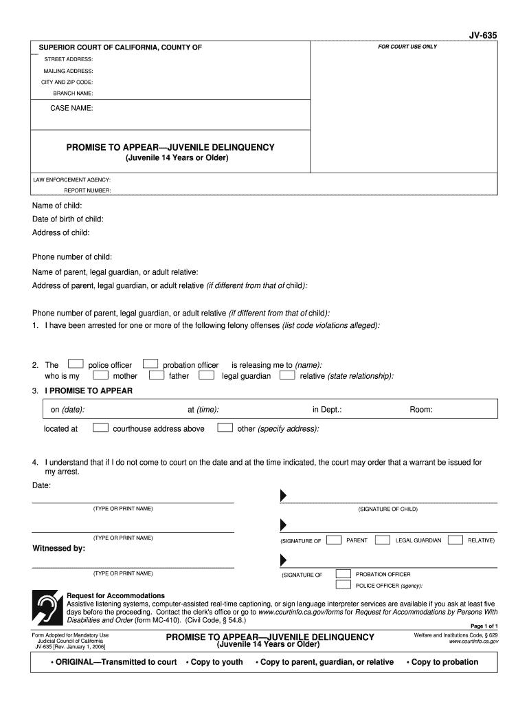 JV-635 Promise To Appear Juvenile Delinquency (Juvenile 14 years or Older). Judicial Council forms - courts ca Preview on Page 1