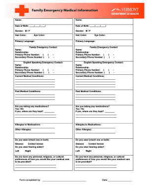 Family Emergency Medical Information Sheet