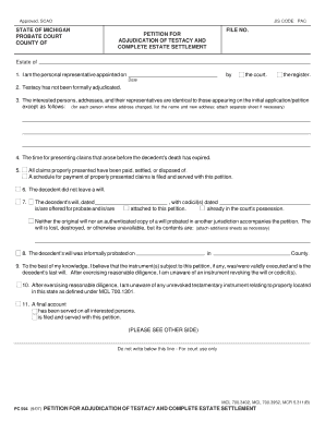 Michigan Probate Court Petition for Adjudication of Testacy and Complete Estate Settlement