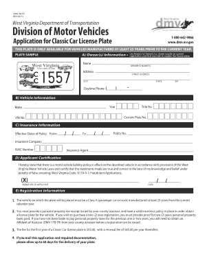 West Virginia Classic Car License Plate Application