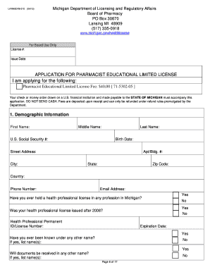 Michigan Pharmacist Educational Limited License Application