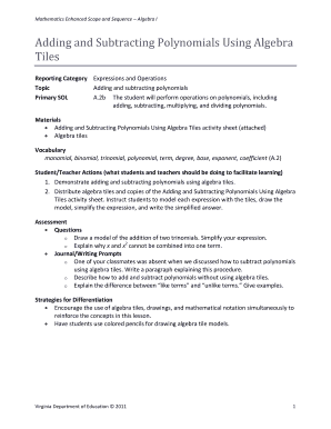 Algebra I Polynomials Activity Sheet