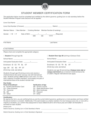 Lions Club Student Member Certification Form
