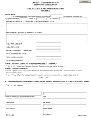 US District Court Application for Writ of Execution
