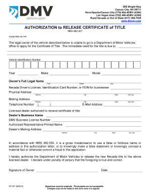 Nevada Vehicle Title Release Authorization