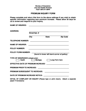 Virginia Health Insurance Premium Rate Inquiry Form
