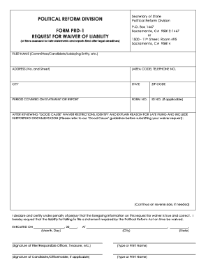 California Political Reform Division Waiver Request