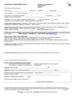 Child Injury Incident Report Form
