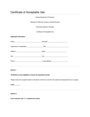 Kansas Certificate of Acceptable Use for Vehicle Records