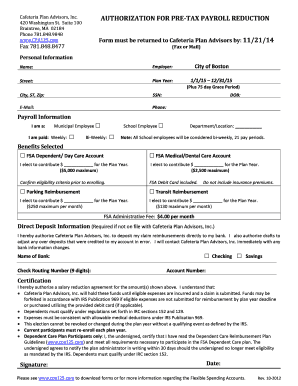 Cafeteria Plan Pre-Tax Payroll Reduction Authorization