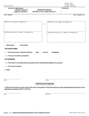 Michigan Order Regarding Motion to Set Aside Default