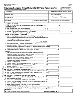 Michigan Insurance Company Annual Return for SBT and Retaliatory Tax
