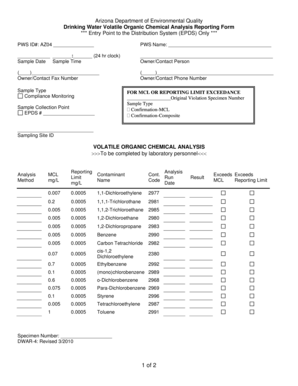Arizona Drinking Water Volatile Organic Chemical Analysis Form